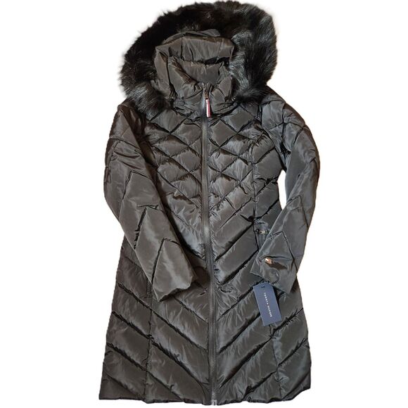 Tommy Hilfiger Women’s Small Long Puffer Coat – Faux Fur Hood, NWT - Picture 1 of 10